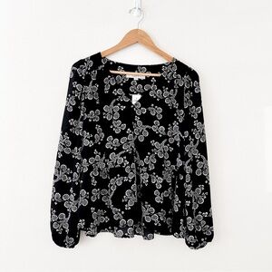 Loft Floral V Neck Blouse Shirt Ruffle Long Sleeve